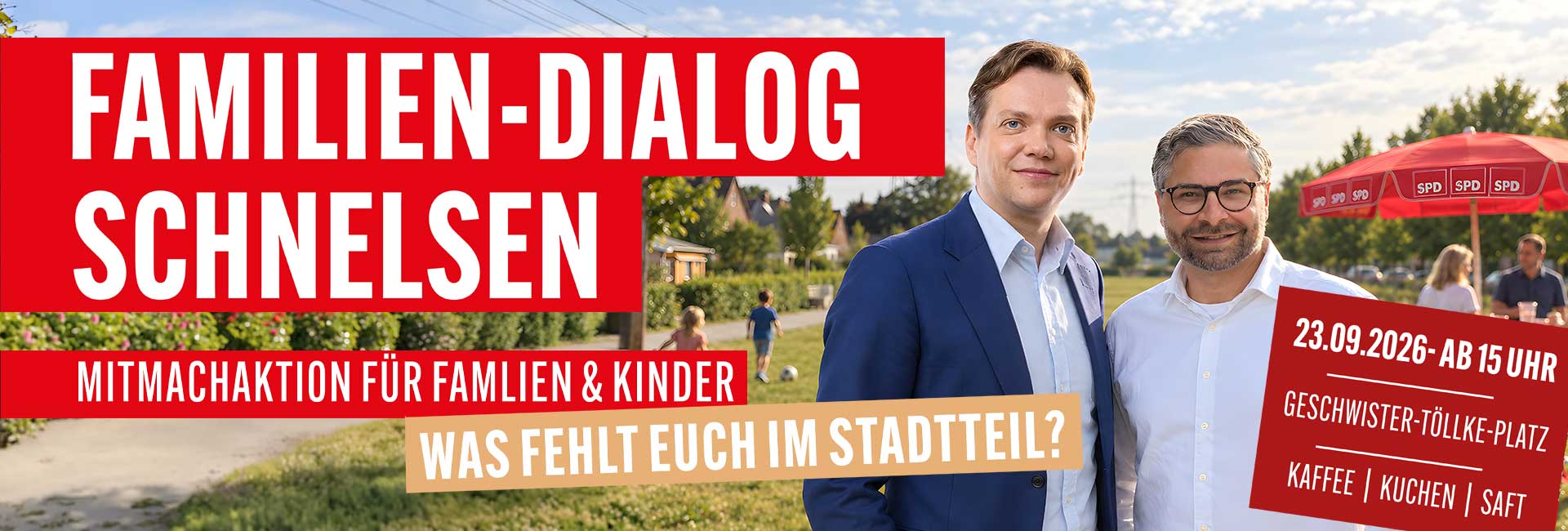 Familien-Dialog am 23. September 2026 ab 15 Uhr auf dem Geschwister-Töllke-Platz in Schnelsen, mit Kaffee, Kuchen und Saft.